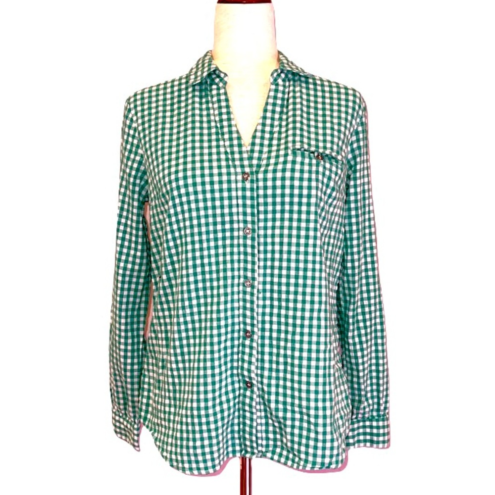 KUT Casual Gingham white green Button down adjustable sleeves shirt top blouse M